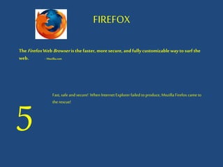 FIREFOX
TheFirefox WebBrowser isthe faster, moresecure, andfullycustomizablewaytosurf the
web. - Mozilla.com
5
Fast, safe and secure! When InternetExplorer failed to produce, Mozilla Firefox came to
the rescue!
 