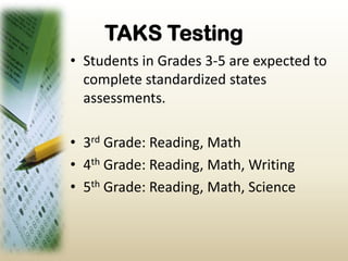 TAKS TestingStudents in Grades 3-5 are expected to complete standardized states assessments.3rd Grade: Reading, Math4th Grade: Reading, Math, Writing5th Grade: Reading, Math, Science