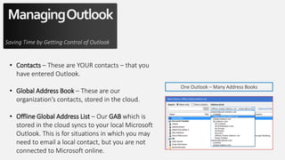 ManagingOutlook
Saving Time by Getting Control of Outlook
• Contacts – These are YOUR contacts – that you
have entered Outlook.
• Global Address Book – These are our
organization’s contacts, stored in the cloud.
• Offline Global Address List – Our GAB which is
stored in the cloud syncs to your local Microsoft
Outlook. This is for situations in which you may
need to email a local contact, but you are not
connected to Microsoft online.
One Outlook – Many Address Books
 