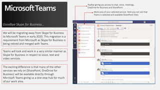MicrosoftTeams
Goodbye Skype for Business…
We will be migrating away from Skype for Business
to Microsoft Teams in early 2020. This migration is a
requirement from Microsoft as Skype for Business is
being retired and merged with Teams.
Teams will look and work in a very similar manner as
Skype for Business in respect to voice, text and
video services.
The exciting difference is that many of the other
services we rely on (SharePoint, OneDrive for
Business) will be available directly through
Microsoft Teams giving us a one-stop hub for much
of our work area.
Toolbar giving you access to chat, voice, meetings,
OneDrive for Business and SharePoint.
Work area of your selected service. Here you can see that
Teams is selected and available SharePoint Sites.
 