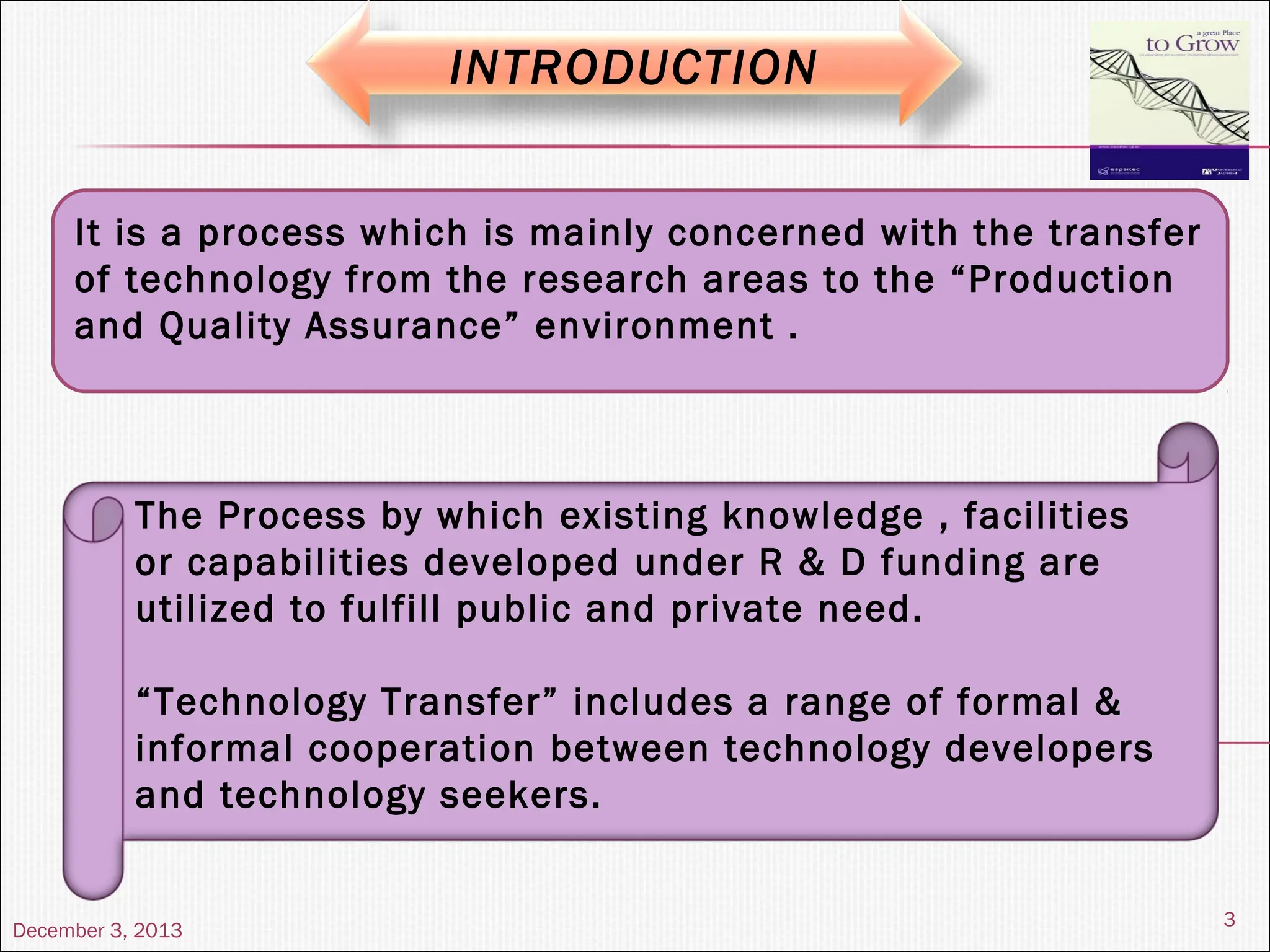 December 3, 2013
3
INTRODUCTION
It is a process which is mainly concerned with the transfer
of technology from the research areas to the “Production
and Quality Assurance” environment .
The Process by which existing knowledge , facilities
or capabilities developed under R & D funding are
utilized to fulfill public and private need.
“Technology Transfer” includes a range of formal &
informal cooperation between technology developers
and technology seekers.
 