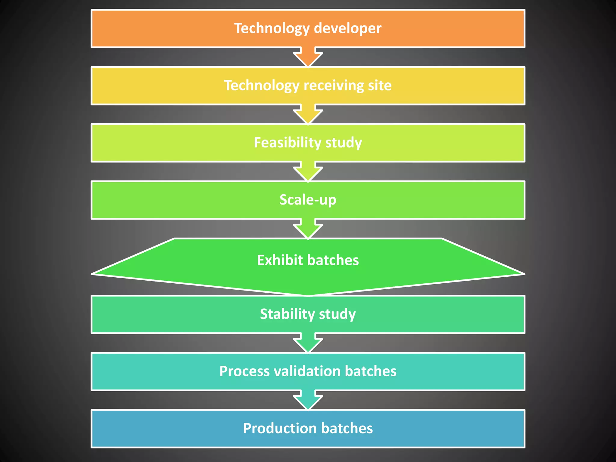 Production batches
Process validation batches
Stability study
Exhibit batches
Scale-up
Feasibility study
Technology receiving site
Technology developer
 