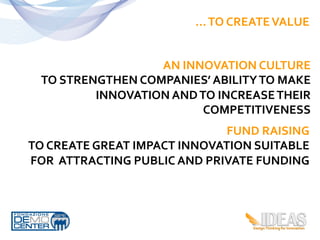 …	
  TO	
  CREATE	
  VALUE	
  


                          AN	
  INNOVATION	
  CULTURE	
  
   TO	
  STRENGTHEN	
  COMPANIES’	
  ABILITY	
  TO	
  MAKE	
  
              INNOVATION	
  AND	
  TO	
  INCREASE	
  THEIR	
  
                                    COMPETITIVENESS	
  
                                             FUND	
  RAISING	
  
TO	
  CREATE	
  GREAT	
  IMPACT	
  INNOVATION	
  SUITABLE	
  
FOR	
  	
  ATTRACTING	
  PUBLIC	
  AND	
  PRIVATE	
  FUNDING	
  	
  
 