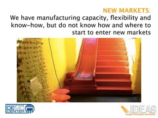 NEW MARKETS: 
We have manufacturing capacity, ﬂexibility and
know-how, but do not know how and where to
                   start to enter new markets	
  




                                                6
 