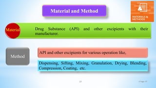 17-Apr-1721
Drug Substance (API) and other excipients with their
manufacturer.
Material
Material and Method
Method
API and other excipients for various operation like,
Dispensing, Sifting, Mixing, Granulation, Drying, Blending,
Compression, Coating, etc.
 