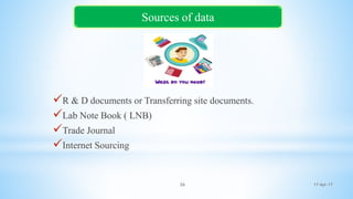 17-Apr-1726
SOURCES OF DATA
R & D documents or Transferring site documents.
Lab Note Book ( LNB)
Trade Journal
Internet Sourcing
Sources of data
 