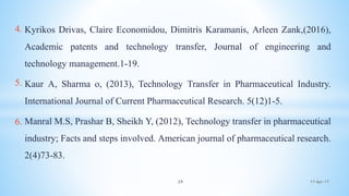 Kyrikos Drivas, Claire Economidou, Dimitris Karamanis, Arleen Zank,(2016),
Academic patents and technology transfer, Journal of engineering and
technology management.1-19.
Kaur A, Sharma o, (2013), Technology Transfer in Pharmaceutical Industry.
International Journal of Current Pharmaceutical Research. 5(12)1-5.
Manral M.S, Prashar B, Sheikh Y, (2012), Technology transfer in pharmaceutical
industry; Facts and steps involved. American journal of pharmaceutical research.
2(4)73-83.
17-Apr-1729
4.
5.
6.
 