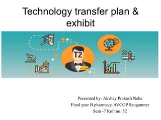 Technology transfer plan &
exhibit
Presented by- Akshay Prakash Nehe
Final year B pharmacy, AVCOP Sangamner
Sem -7 Roll no. 52
 
