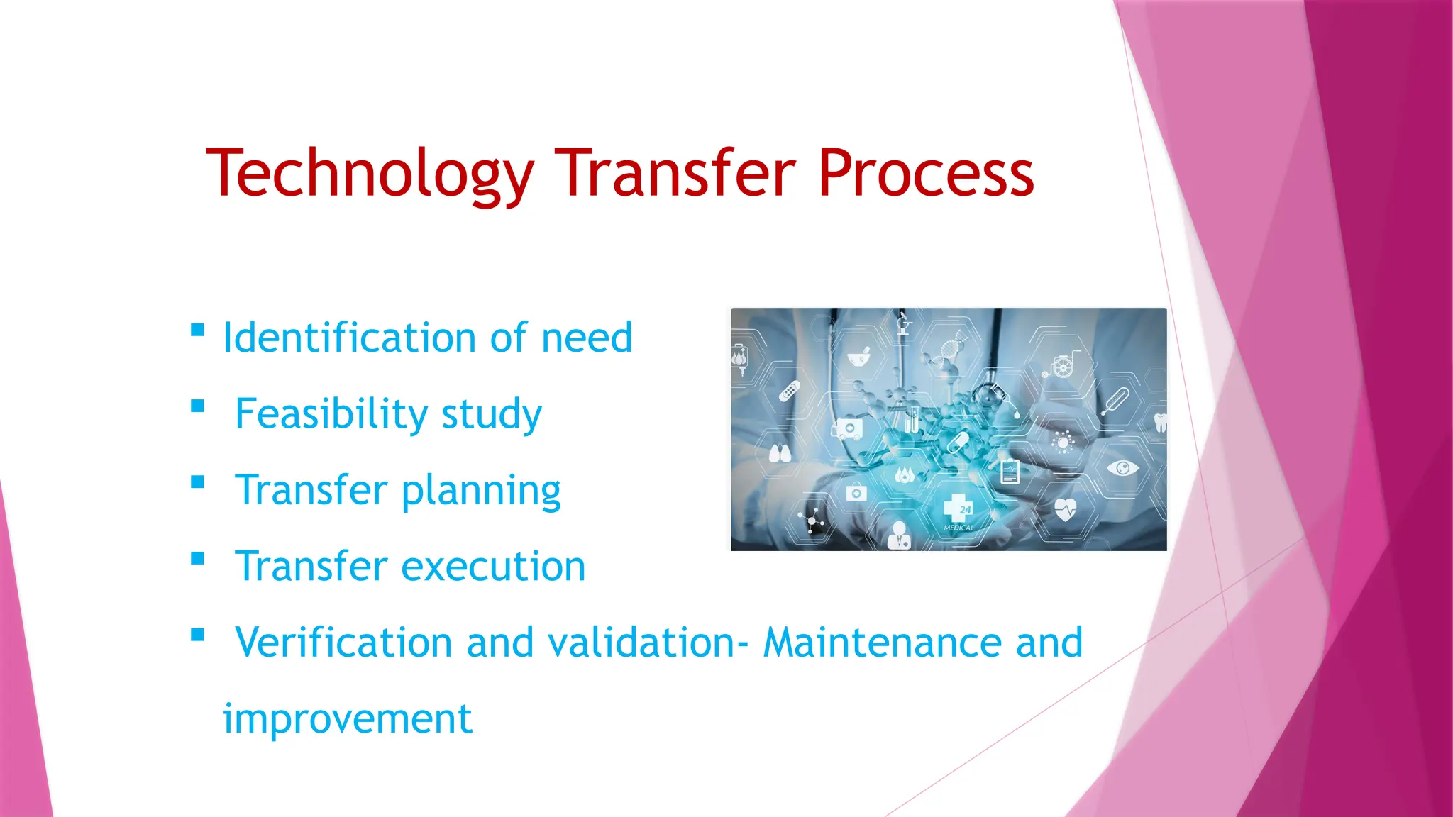 Technology Transfer Process
 Identification of need
 Feasibility study
 Transfer planning
 Transfer execution
 Verification and validation- Maintenance and
improvement
 