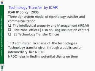 Division
of
Agricultural
Engineering,
IARI,
New
Delhi
-12
ICAR IP policy : 2006
Three tier system model of technology transfer and
commercialization
 The Intellectual property and Management (IP&M)
 Five zonal offices ( also housing incubation center)
 25 Technology Transfer Offices
TTO administer licensing of the technologies
Technology transfer given through a public sector
intermediary like NRDC
NRDC helps in finding potential clients on time
Technology Transfer by ICAR
 