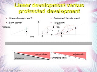 Linear development versus
             protracted development
   ●   Linear development?                     ●     Protracted development
   ●   Slow growth                             ●     (fast grow)
                                                         Max.
                                                       mean
resource                                                Min.




                         time         a                        a




                                rejuvenation                         rejuvenation
            Old cities                             Emerging cities




GS RADJOU, BIRD
 