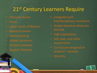 21st Century Learners Require
•   Outcome-based             • Integrated and
•   Focus                       interdisciplinary curriculum
•   Upper levels of Blooms’   • Grades based on what was
•   Research-driven             learned
•   Active learning           • High expectation
•   Global classroom          • Self, peer, and other
                                assessments
•   Student-centered
                              • Curriculum designed on
•   Student freedom             students’ interests
                              • Diversity
 
