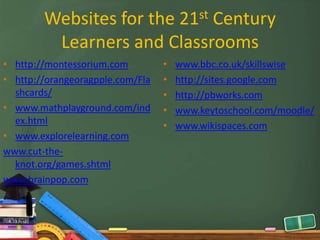 Websites for the 21st Century
         Learners and Classrooms
• http://montessorium.com         •   www.bbc.co.uk/skillswise
• http://orangeoragpple.com/Fla   •   http://sites.google.com
  shcards/                        •   http://pbworks.com
• www.mathplayground.com/ind      •   www.keytoschool.com/moodle/
  ex.html                         •   www.wikispaces.com
• www.explorelearning.com
www.cut-the-
  knot.org/games.shtml
www.brainpop.com
 