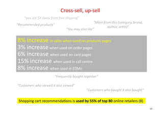 Cross-­‐sell,	
  up-­‐sell
                                                                      	
  
      “you	
  are	
  $X	
  away	
  from	
  free	
  shipping”	
  	
  
                                                                               “More	
  from	
  this	
  (category,	
  brand,	
  	
  
“Recommended	
  products”	
  
                                                                                           author,	
  arGst)”	
  
                                                   “You	
  may	
  also	
  like”	
  


8%	
  increase	
  in	
  sales	
  when	
  used	
  on	
  products	
  pages	
  
3%	
  increase	
  when	
  used	
  on	
  order	
  pages	
  
6%	
  increase	
  when	
  used	
  on	
  card	
  pages	
  
15%	
  increase	
  when	
  used	
  in	
  call	
  centre	
  
8%	
  increase	
  when	
  used	
  in	
  EDMs	
  
                                       “Frequently	
  bought	
  together”	
  

“Customers	
  who	
  viewed	
  X	
  also	
  viewed”	
  
                                                                       “Customers	
  who	
  bought	
  X	
  also	
  bought”	
  


 Shopping	
  cart	
  recommenda+ons	
  is	
  used	
  by	
  55%	
  of	
  top	
  80	
  online	
  retailers	
  (8)	
  
                                                                                                                                       13
 