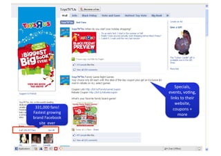 Specials,	
  
                             events,	
  vo+ng,	
  
                              links	
  to	
  their	
  
                                 website,	
  
 331,000	
  fans!	
             coupons	
  +	
  
Fastest	
  growing	
  	
          more	
  
brand	
  Facebook	
  
   site	
  	
  ever	
  




                                                         31
 