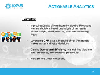 ACTIONABLE ANALYTICS
24
Examples:
• Improving Quality of Healthcare by allowing Physicians
to make decisions based on analysis of lab results
history, weight, blood pressure, heart rate monitoring
feeds
• Leveraging CRM data at the point of sell (Amazon) to
make smarter and better decisions
• Gaining Operational Efficiency via real-time view into
data, processes, and employee productivity
• Field Service Order Processing
 