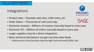 Integrations
• Product data – Populate web sites, order entry, etc
• Order Status – Thousands of calls every day
• Electronic invoices – Millions of invoices manually keyed in every year
• Electronic PO – Millions of orders manually keyed in every year
• Larger suppliers may do a direct integration.
• More technical distributors can get real-time data feeds.
• Most access critical business data through front-end tools (SAGE, etc).
 