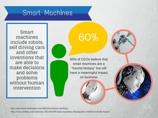 Smart Machines
Smart
machines
include robots,
self driving cars
and other
inventions that
are able to
make decisions
and solve
problems
without human
intervention
60%
60% of CEOs believe that
smart machines are a
"futurist fantasy" but will
have a meaningful impact
on business
http://searchcio.techtarget.com/definition/smart-machines
http://www.forbes.com/sites/emc/2014/01/09/smart-machines-shaping-the-workforce-of-the-future/
 
