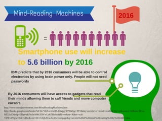 Mind-Reading Machines
=
Smartphone use will increase
to 5.6 billion by 2016
2016
By 2016 consumers will have access to gadgets that read
their minds allowing them to call friends and move computer
cursors
IBM predicts that by 2016 consumers will be able to control
electronics by using brain power only. People will not need
passwords
http://www.mindpowernews.com/MindReadingMachines.htm
http://books.google.com/books?id=6UY8AwAAQBAJ&pg=PP1&lpg=PP1&dq=secrets+of+mind+reading+by+vt&source=bl&ots=DGu-
MD2tzD&sig=EDyewKNo9zS96c5OVwLaK5Hzfsc&hl=en&sa=X&ei=xcd-
VIfYI477gwT3oIToDw&ved=0CCUQ6AEwAQ#v=onepage&q=secrets%20of%20mind%20reading%20by%20vt&f=false
 