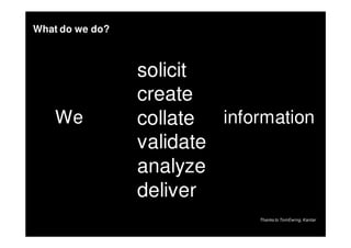 What do we do?



                 solicit
                 create
    We           collate information
                 validate
                 analyze
                 deliver
                              Thanks to Tom Ewing, Kantar
 