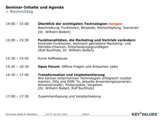 Seite 4Technology Update für Marketeers
Seminar-Inhalte und Agenda
> Nachmittag
14:00 – 15:00 Überblick der wichtigsten Technologien morgen
Beschreibung, Funktionen, Beispiele, Wertschöpfung, Szenarien
(Dr. Wilhelm Bielert)
15:00 – 15:30 Funktionalitäten, die Marketing und Vertrieb verändern
Konkrete Funktionen, technisch getriebene Marketing- und
Vetriebs-Chancen, Entscheidungsgrundlagen
(Rolf Buchholz, Dr. Wilhelm Bielert)
15:30 – 15:45 Kurze Kaffeepause
15:45 – 16:30 Open Forum: Offene Fragen und Antworten (alle)
16:30 – 17:00 Transformation und Implementierung
Wie können Unternehmen Technologien erfolgreich nutzbar
machen, DOs and DON´Ts, aktuelle Anwendungsszenarien,
Wissenstransfer, Pilotprojekte, Vorgehen
(Dr. Wilhelm Bielert, Rolf Buchholz)
17:00 – 17:30 Zusammenfassung und Verabschiedung
28.10. und 18.11.2013
 