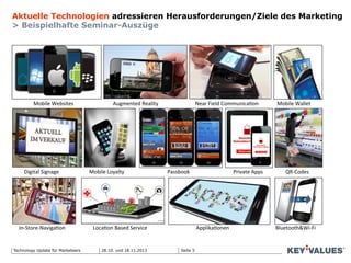 Seite 5Technology Update für Marketeers
Aktuelle Technologien adressieren Herausforderungen/Ziele des Marketing
> Beispielhafte Seminar-Auszüge
	
  	
  	
  	
  	
  	
  	
  	
  	
  	
  	
  Mobile	
  Websites 	
  	
  	
  	
  	
  	
  	
  	
  	
  	
  	
  	
  	
  	
  	
  	
  	
  	
  	
  Augmented	
  Reality	
  	
  	
  	
  	
  	
  	
  	
  	
  	
  	
  	
  	
  	
  	
  	
  	
  	
  	
  	
  	
  	
  	
  	
  	
  	
  	
  	
  Near	
  Field	
  Communica9on	
  	
  	
  	
  	
  	
  	
  	
  	
  	
  	
  	
  	
  	
  Mobile	
  Wallet	
  	
  
	
  	
  	
  	
  Digital	
  Signage	
   	
  Mobile	
  Loyalty	
   	
  	
  	
  	
  	
  	
  	
  Passbook	
  	
  	
  	
  	
  	
  	
  	
  	
  	
  	
  	
  	
  	
  	
  	
  	
  	
  	
  	
  	
  	
  	
  	
  	
  	
  	
  	
  	
  	
  	
  	
  	
  Private	
  Apps	
  	
  	
  	
  	
  	
  	
  	
  	
  	
  	
  	
  	
  	
  	
  	
  	
  QR-­‐Codes	
  	
  
In-­‐Store-­‐Naviga9on	
  	
  	
  	
  	
  	
  	
  	
  	
  	
  	
  	
  	
  	
  	
  	
  	
  	
  	
  	
  	
  Loca9on	
  Based	
  Service	
  	
  	
  	
  	
  	
  	
  	
  	
  	
  	
  	
  	
  	
  	
  	
  	
  	
  	
  	
  	
  	
  	
  	
  	
  	
  	
  	
  	
  	
  	
  	
  	
  	
  	
  	
  	
  Applika9onen	
  	
  	
  	
  	
  	
  	
  	
  	
  	
  	
  	
  	
  	
  	
  	
  	
  	
  	
  	
  	
  	
  	
  	
  	
  	
  	
  	
  	
  	
  	
  	
  	
  	
  	
  Bluetooth&Wi-­‐Fi	
  	
  	
  
28.10. und 18.11.2013
 