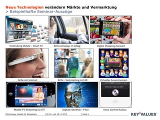 Seite 6Technology Update für Marketeers
Neue Technologien verändern Märkte und Vermarktung
> Beispielhafte Seminar-Auszüge
	
  	
  	
  	
  	
  	
  	
  	
  	
  	
  	
  	
  	
  	
  Verbindung	
  Mobile	
  –	
  Smart	
  TV 	
  	
  	
  	
  	
  	
  	
  	
  	
  Re9na	
  Displays	
  im	
  Alltag	
  	
  	
  	
  	
  	
  	
  	
  	
  	
  	
  	
  	
  	
  	
  	
  	
  	
  	
  	
  	
  	
  	
  	
  	
  	
  	
  	
  Digital	
  Shopping	
  Assistant	
  	
  	
  	
  
	
  	
  	
  	
  	
  	
  	
  	
  	
  	
  	
  	
  	
  	
  	
  	
  	
  	
  	
  	
  Brille	
  mit	
  Internet	
  	
  	
  	
  	
  	
  	
  	
  	
  	
  	
  	
  	
  	
  	
  	
  	
  	
  	
  	
  	
  	
  	
  	
  	
  	
  	
  	
  	
  	
  	
  	
  	
  	
  Brille	
  -­‐	
  Verknüpfung	
  mit	
  AR	
  	
  	
  	
  	
  	
  	
  	
  	
  	
  	
  	
  	
  	
  	
  	
  	
  	
  	
  	
  	
  Virtuelles	
  Zusammensein	
  	
  
	
  	
  	
  	
  	
  	
  	
  	
  	
  	
  	
  	
  	
  Mobile	
  TV-­‐Streaming	
  via	
  LTE 	
  	
  	
  	
  	
  	
  	
  	
  	
  	
  	
  	
  	
  	
  	
  Digitale	
  Iden9tät	
  –	
  Filter	
  	
  	
  	
  	
  	
  	
  	
  	
  	
  	
  	
  	
  	
  	
  	
  	
  	
  	
  	
  	
  	
  	
  	
  Voice	
  Control	
  Ausbau	
  	
  	
  	
  
28.10. und 18.11.2013
 