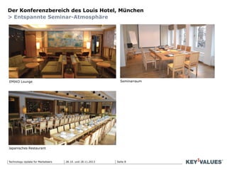 Seite 8Technology Update für Marketeers
Der Konferenzbereich des Louis Hotel, München
> Entspannte Seminar-Atmosphäre
EMIKO Lounge Seminarraum
Japanisches Restaurant
28.10. und 18.11.2013
 