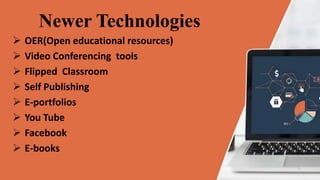 Newer Technologies
 OER(Open educational resources)
 Video Conferencing tools
 Flipped Classroom
 Self Publishing
 E-portfolios
 You Tube
 Facebook
 E-books
 