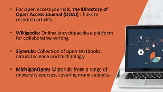 • For open access journals, the Directory of
Open Access Journal (DOAJ) : links to
research articles
• Wikipedia: Online encyclopaedia a platform
for collaborative writing
• Siyavula: Collection of open textbooks,
natural science and technology
• MichiganOpen: Materials from a range of
university courses, covering many subjects
 