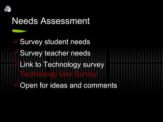 Needs Assessment Survey student needs Survey teacher needs Link to Technology survey  Technology Use Survey Open for ideas and comments 