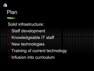 Plan Solid infrastructure: Staff development Knowledgeable IT staff New technologies Training of current technology Infusion into curriculum 