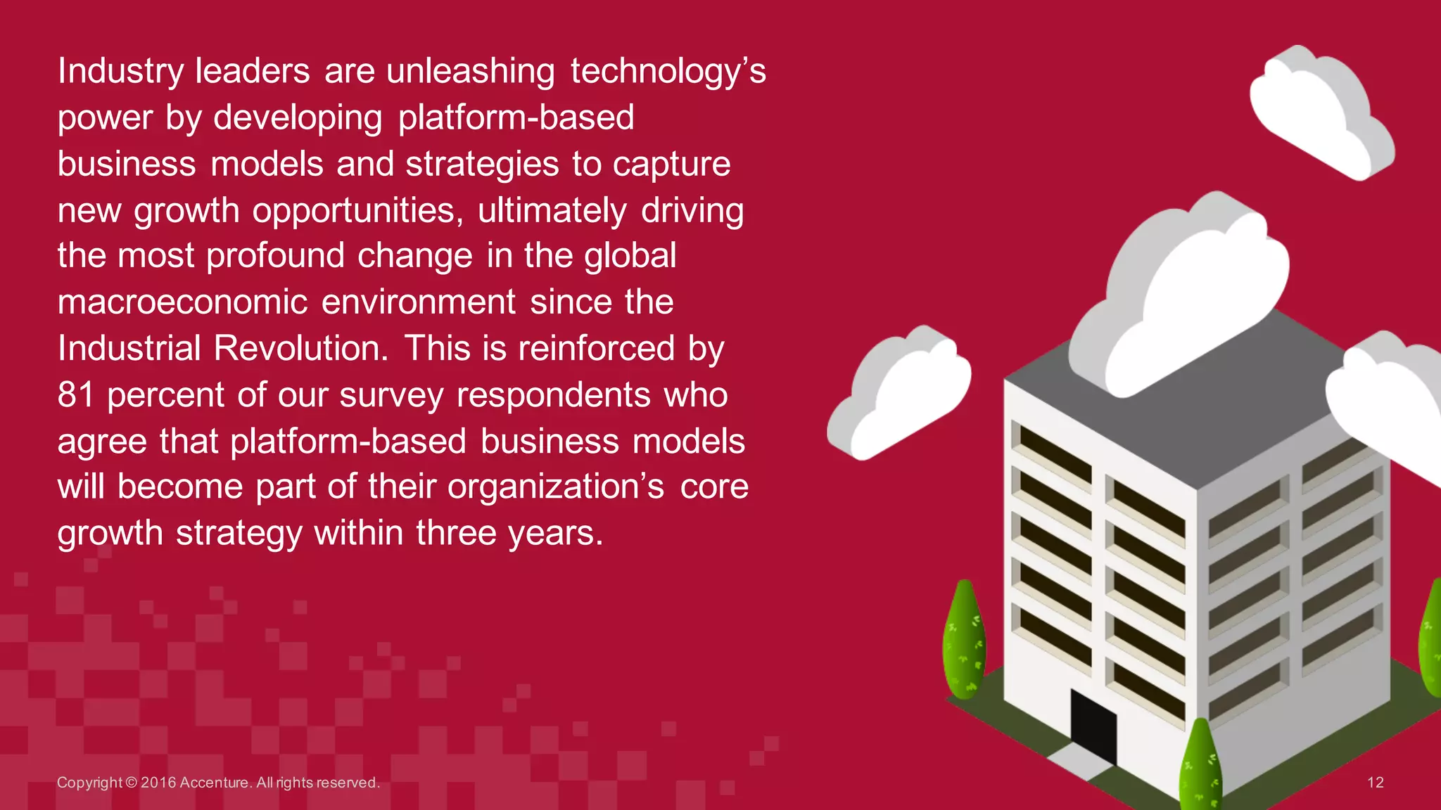 Industry  leaders  are  unleashing  technology’s  
power  by  developing  platform-­based  
business  models  and  strategies  to  capture  
new  growth  opportunities,  ultimately  driving  
the  most  profound  change  in  the  global  
macroeconomic  environment  since  the  
Industrial  Revolution.  This  is  reinforced  by  
81  percent  of  our  survey  respondents  who  
agree  that  platform-­based  business  models  
will  become  part  of  their  organization’s  core  
growth  strategy  within  three  years.
Copyright  ©  2016  Accenture.  All  rights  reserved. 12
 