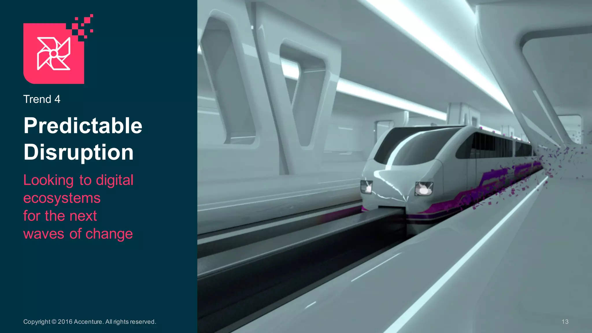 Trend  4
Predictable  
Disruption
Looking  to  digital  
ecosystems  
for  the  next  
waves  of  change
13Copyright  ©  2016  Accenture.  All  rights  reserved.
 