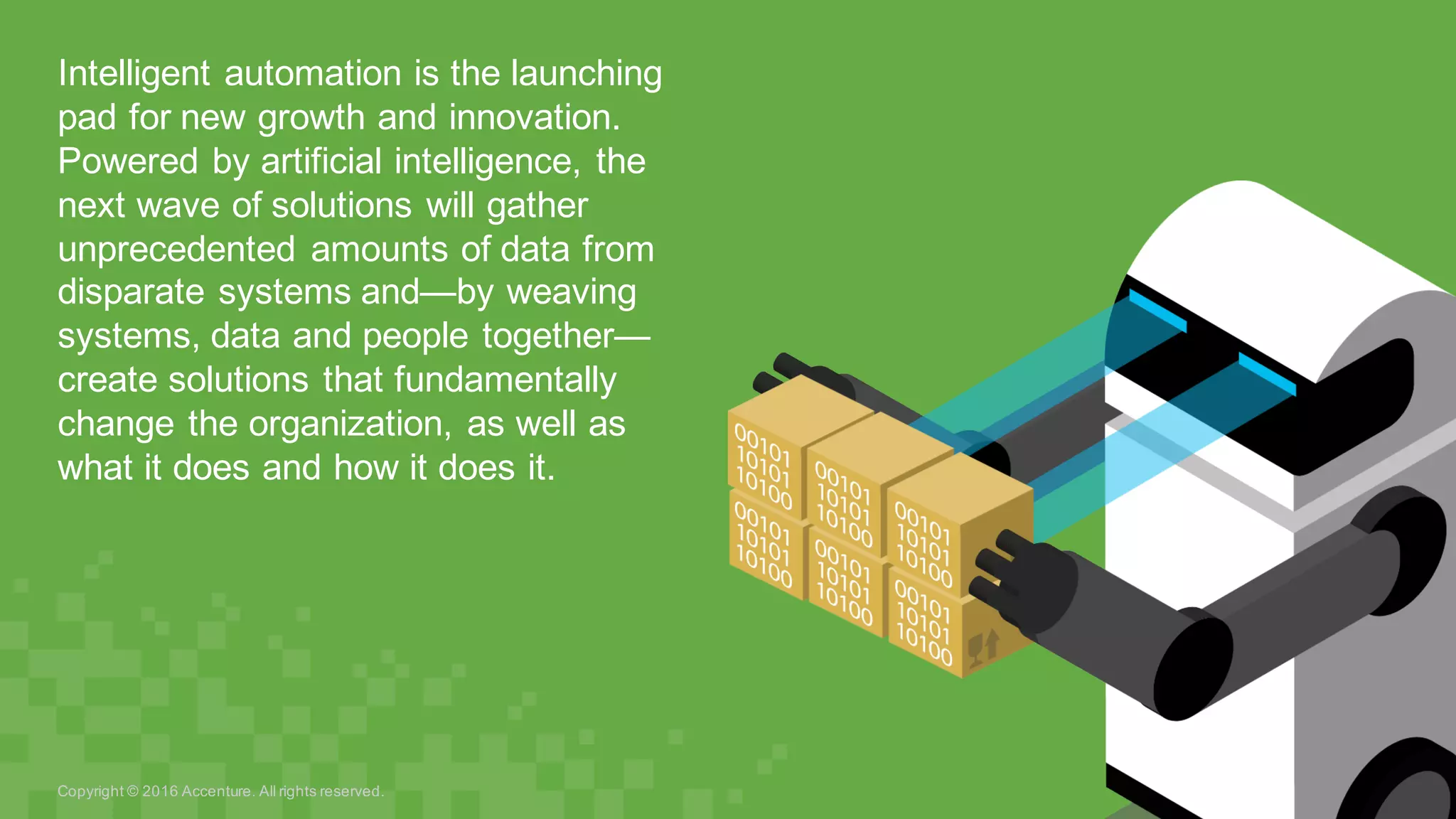 Intelligent  automation  is  the  launching  
pad  for  new  growth  and  innovation.  
Powered  by  artificial  intelligence,  the  
next  wave  of  solutions  will  gather  
unprecedented  amounts  of  data  from  
disparate  systems  and—by  weaving  
systems,  data  and  people  together—
create  solutions  that  fundamentally  
change  the  organization,  as  well  as  
what  it  does  and  how  it  does  it.  
Copyright  ©  2016  Accenture.  All  rights  reserved.
 