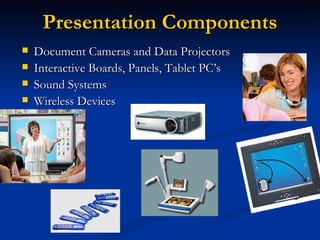Presentation Components
   Document Cameras and Data Projectors
   Interactive Boards, Panels, Tablet PC’s
   Sound Systems
   Wireless Devices
 