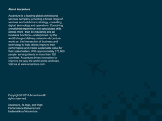 About Accenture
Accenture is a leading global professional
services company, providing a broad range of
services and solutions in strategy, consulting,
digital, technology and operations. Combining
unmatched experience and specialized skills
across more than 40 industries and all
business functions—underpinned by the
world’s largest delivery network—Accenture
works at the intersection of business and
technology to help clients improve their
performance and create sustainable value for
their stakeholders. With approximately 373,000
people serving clients in more than 120
countries, Accenture drives innovation to
improve the way the world works and lives.
Visit us at www.accenture.com.
Copyright © 2016 Accenture All
rights reserved.
Accenture, its logo, and High
Performance Delivered are
trademarks of Accenture.
 