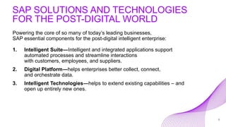 SAP SOLUTIONS AND TECHNOLOGIES
FOR THE POST-DIGITAL WORLD
Powering the core of so many of today’s leading businesses,
SAP ...