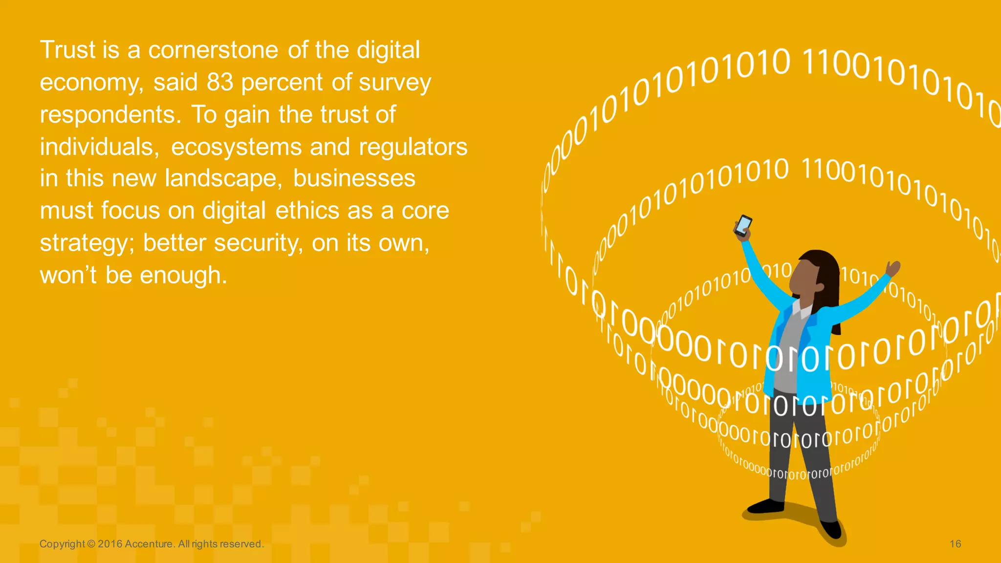 Trust  is  a  cornerstone  of  the  digital  
economy,  said  83  percent  of  survey  
respondents.  To  gain  the  trust  of  
individuals,  ecosystems  and  regulators  
in  this  new  landscape,  businesses  
must  focus  on  digital  ethics  as  a  core  
strategy;;  better  security,  on  its  own,  
won’t  be  enough.
Copyright  ©  2016  Accenture.  All  rights  reserved. 16
 