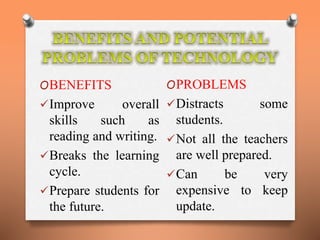 OBENEFITS 
Improve overall 
skills such as 
reading and writing. 
Breaks the learning 
cycle. 
Prepare students for 
the future. 
OPROBLEMS 
Distracts some 
students. 
Not all the teachers 
are well prepared. 
Can be very 
expensive to keep 
update. 
 