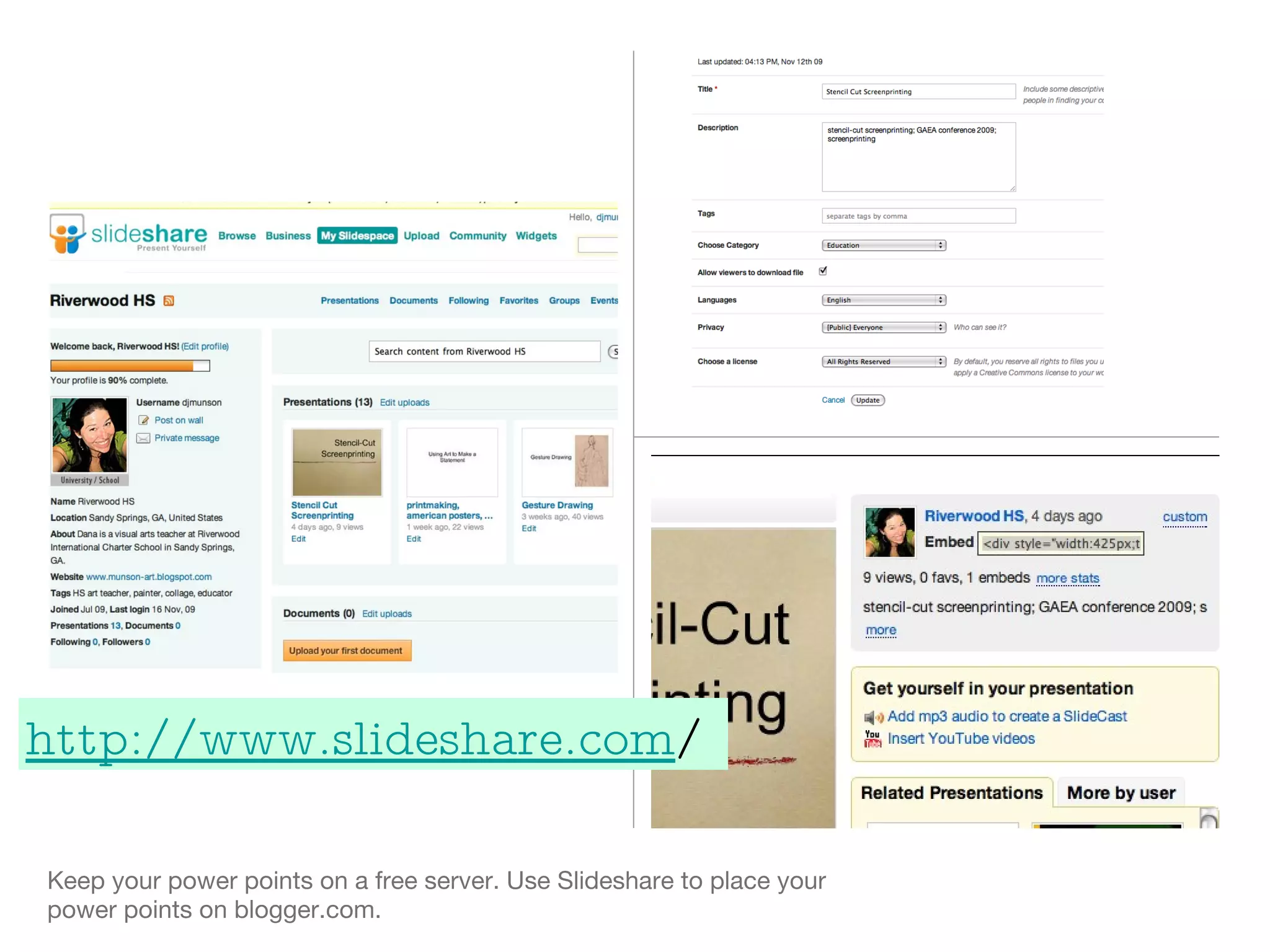 Keep your power points on a free server. Use Slideshare to place your power points on blogger.com. http://www.slideshare.com /  