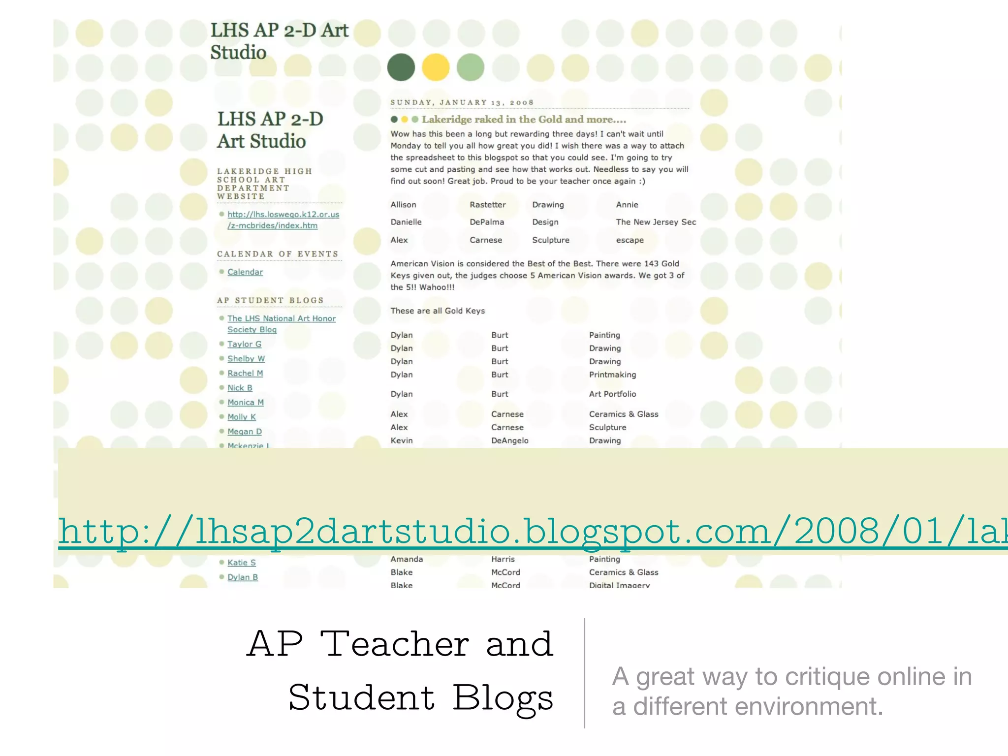 AP Teacher and Student Blogs A great way to critique online in a different environment.  http://lhsap2dartstudio.blogspot.com/2008/01/lakeridge-raked-in-gold-and-more_13.html 