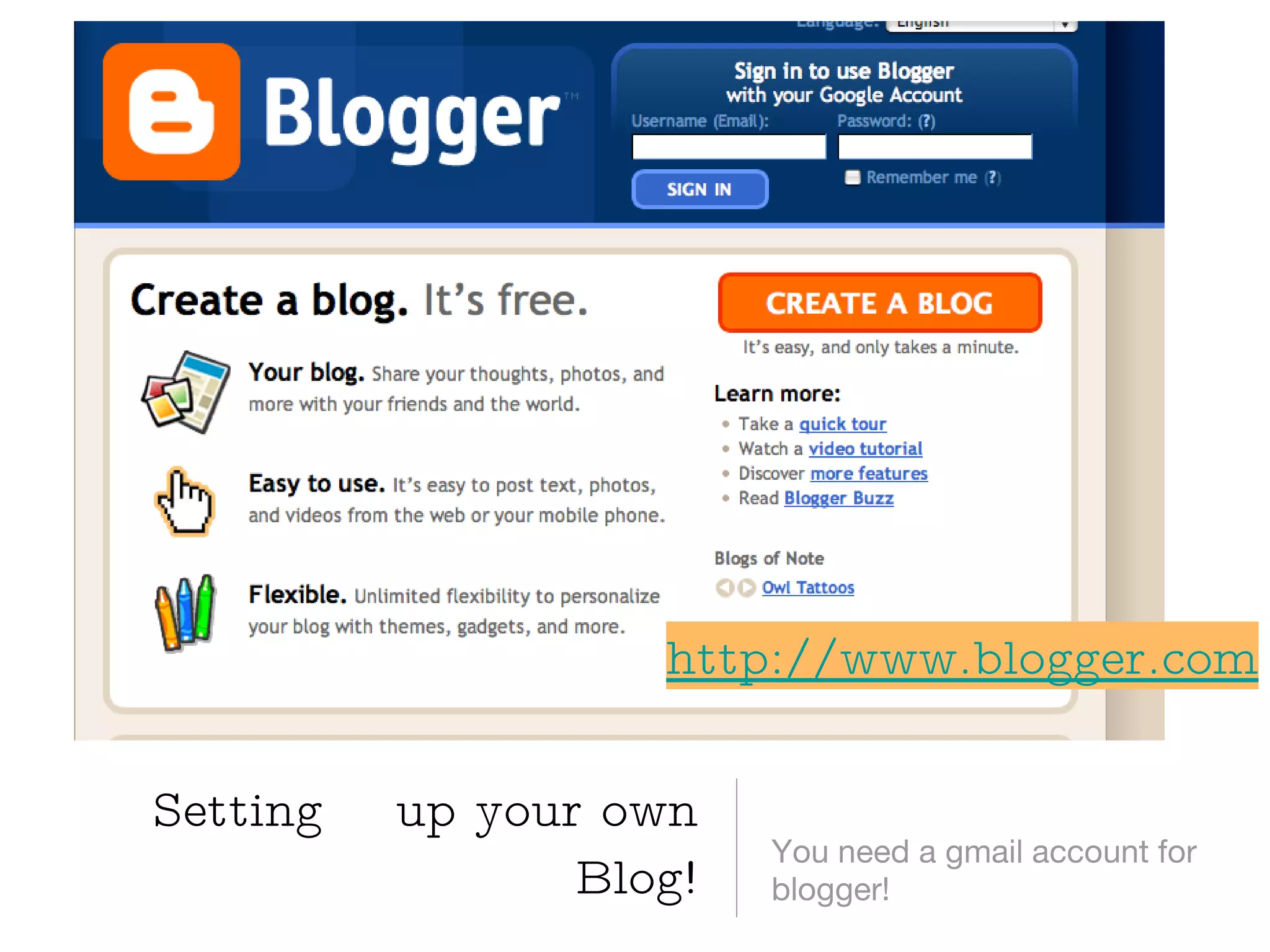 Setting  up your own Blog! You need a gmail account for blogger! http://www.blogger.com 