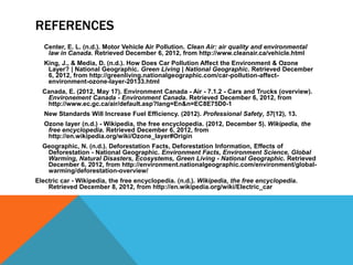 REFERENCES
   Center, E. L. (n.d.). Motor Vehicle Air Pollution. Clean Air: air quality and environmental
    law in Canada. Retrieved December 6, 2012, from http://www.cleanair.ca/vehicle.html
   King, J., & Media, D. (n.d.). How Does Car Pollution Affect the Environment & Ozone
    Layer? | National Geographic. Green Living | National Geographic. Retrieved December
    6, 2012, from http://greenliving.nationalgeographic.com/car-pollution-affect-
    environment-ozone-layer-20133.html
  Canada, E. (2012, May 17). Environment Canada - Air - 7.1.2 - Cars and Trucks (overview).
   Environement Canada - Environment Canada. Retrieved December 6, 2012, from
   http://www.ec.gc.ca/air/default.asp?lang=En&n=EC8E75D0-1
   New Standards Will Increase Fuel Efficiency. (2012). Professional Safety, 57(12), 13.
   Ozone layer (n.d.) - Wikipedia, the free encyclopedia. (2012, December 5). Wikipedia, the
    free encyclopedia. Retrieved December 6, 2012, from
    http://en.wikipedia.org/wiki/Ozone_layer#Origin
  Geographic, N. (n.d.). Deforestation Facts, Deforestation Information, Effects of
   Deforestation - National Geographic. Environment Facts, Environment Science, Global
   Warming, Natural Disasters, Ecosystems, Green Living - National Geographic. Retrieved
   December 6, 2012, from http://environment.nationalgeographic.com/environment/global-
   warming/deforestation-overview/
Electric car - Wikipedia, the free encyclopedia. (n.d.). Wikipedia, the free encyclopedia.
    Retrieved December 8, 2012, from http://en.wikipedia.org/wiki/Electric_car
 