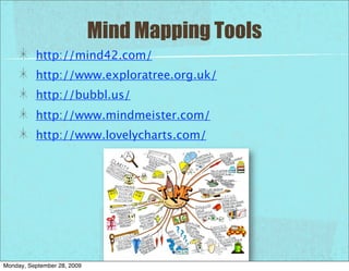 Mind Mapping Tools
          http://mind42.com/
          http://www.exploratree.org.uk/
          http://bubbl.us/
          http://www.mindmeister.com/
          http://www.lovelycharts.com/




Monday, September 28, 2009
 
