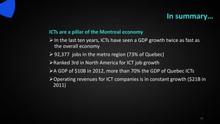 In summary…
ICTs are a pillar of the Montreal economy
In the last ten years, ICTs have seen a GDP growth twice as fast as
the overall economy
92,377 jobs in the metro region (73% of Quebec)
Ranked 3rd in North America for ICT job growth
A GDP of $10B in 2012, more than 70% the GDP of Quebec ICTs
Operating revenues for ICT companies is in constant growth ($21B in
2011)
23
 