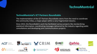 TechnoMontréal
TechnoMontréal’s ICT Partners Roundtable
The implementation of the ICT Partners Roundtable stems from the need to coordinate
the community milieu, a major player within a very fragmented industry.
Since 2012, the Roundtable’s work has facilitated various projects like standardizing
statistical information, coordinating messages delivered by the industry regarding public
consultations and developing joint communications projects.
29
 