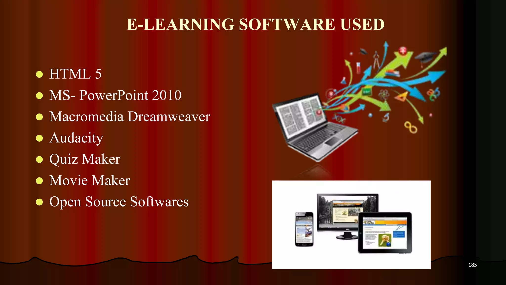 E-LEARNING SOFTWARE USED
 HTML 5
 MS- PowerPoint 2010
 Macromedia Dreamweaver
 Audacity
 Quiz Maker
 Movie Maker
 Open Source Softwares
185
 