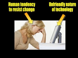 Human tendency to resist change Unfriendly nature of technology 