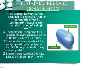 ‘‘It is a drug delivery system
designed to achieve a prolong
therapeutic effect by
continously releasing after
administration of a single
dose.’’
 The therapeutic response for a
specific standard extended period
of time is usually 8-12 hours.
 Sustained release matrix tablet
was prepared by the polymers
blend with to get desirable drug
release profile.
 Examples are Acephar 200 SR,
Ricnac SR, B complex 100 SR
SUSTAINED RELEASE
DOSAGE FORM
 